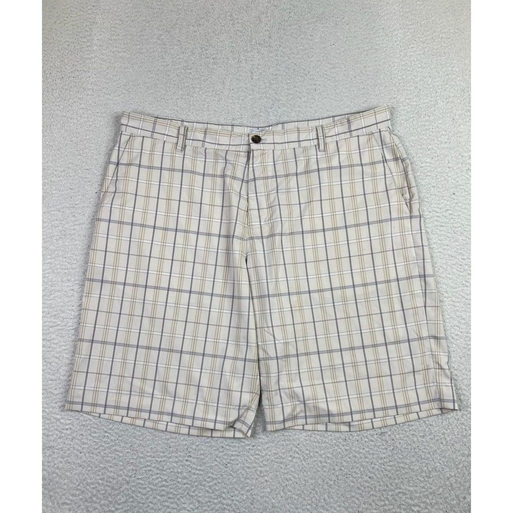 Adidas Shorts Mens 40 Beige Plaid Golf Flat Front Performance Polyester